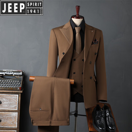 JEEP SPIRIT Jeep men's double-breasted suit suit men's business formal Korean groomsman suit wedding suit groom's suit outer brown double-breasted suit (suit + trousers) 4XL 58 (158-173Jin Jin equals 0.5 kg)