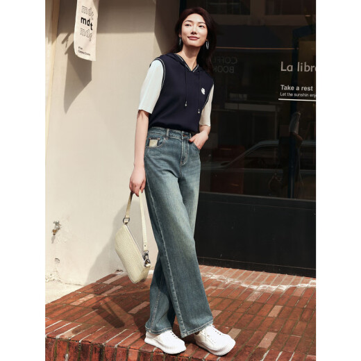 Jiuzi (JUZUI) shopping mall same retro Japanese micro wide-leg jeans women's summer style JWEX12108 Huahu Blue XS