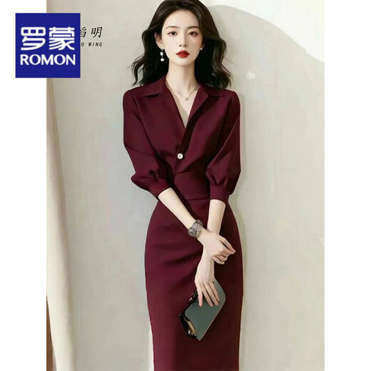 ROMON French unique formal occasion professional shirt dress for women autumn new style cold temperament suit skirt burgundy dress [standard version] L Recommended 105-120Jin [Jin equals 0.5 kg]