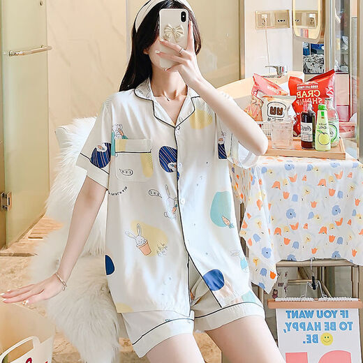 Modal Summer Cotton Seide Thin Pyjamas Strickjacke Kurzarm Shorts Loose Set Japaner Cartoon niedliche künstliche Baumwollhauskleidung Baumwolle Seiden-Strickjacken Frauen Doppel-3520 m 80-100Jin [Jin gleich 0,5 kg]