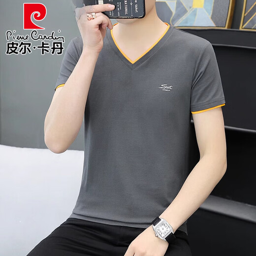 皮尔卡丹（pierre cardin）2025新款新疆纯棉男士短袖t恤衫打底衫V领体恤潮流半袖夏装上衣服 QY691白色 M 【建 议：85斤至100斤】