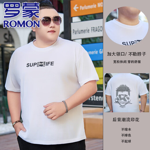 
ROMON high-end pure cotton large-size short-sleeved T-shirt for men in summer round neck plus fat plus big belly large men's half-sleeved fat JXM9901 Black 5XL 195[220-240Jin[Jin equals 0.5 kg]]