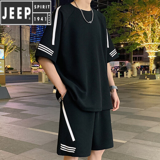 JEEP SPIRIT casual sports casual suit men's summer short-sleeved T-shirt men's black half-sleeved men's T-shirt teenagers a handsome set FKS653 black suit XL (about 130-150Jin Jin equals 0.5 kg can be worn)