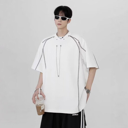 
COLORFUL GEMS summer contrasting line shoulder pad short-sleeved shirt men's design small neckline 1421 white M