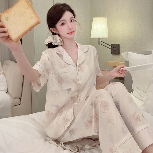 莫代尔冰丝睡衣女夏季2025新款提花短袖长裤轻奢套装高级感可外穿家居服 5009提花冰丝杏花短袖长裤 M 【建议95-110斤】