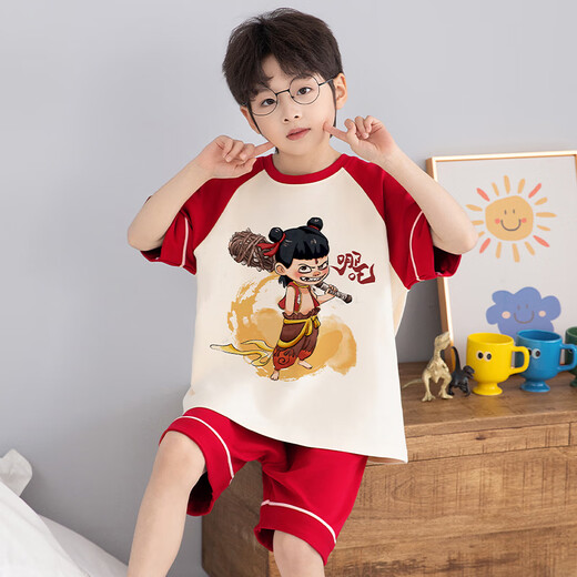 LangSha (LangSha) Children's Pajamas Boys Summer Short Sleeve Thin Cotton Home Suit Little Boys Summer Middle and Large Children Students Set LT694 150 Recommended 140-150CM/70-82Jin [Jin equals 0.5 kg]