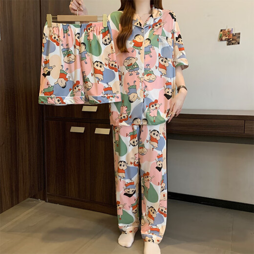 三件套可爱蜡笔小新夏季短袖开衫睡衣女学生宿舍可外穿卡通家居服 套KK14135 2XL 【建议130-145斤】