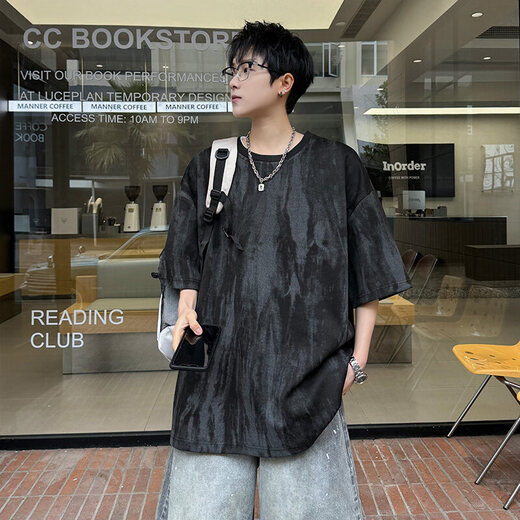
NYING American tie-dyed short-sleeved T-shirt men's 25 summer new fashion brand casual T-shirt large size loose five-point sleeve top black XL (130-150Jin [Jin equals 0.5 kg])