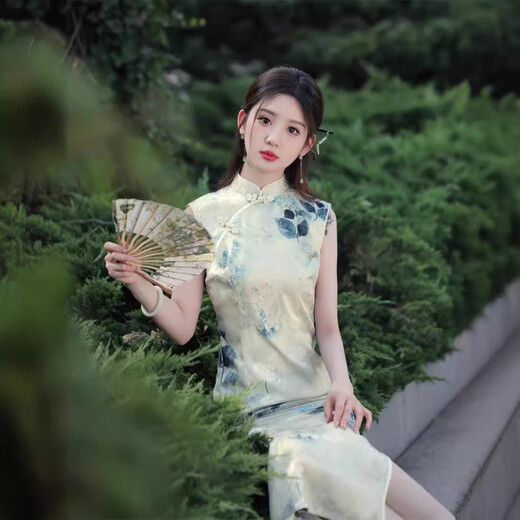 Fenghai Yousu Sommer 2024 Neuer Sommerstil Jacquard Print ärmellose lang Cheongsam hellfarbe chinesische Style -Tintenmalerei Slim Taille Cheongsam 675 Jacquard ärmellose L L.