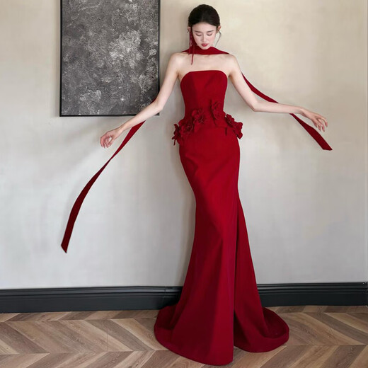 COMEX Burgundy Chinese Style Toast Dress Tube Top Light Luxurious Fishtail Temperament Bride Engagement Wedding Return Dress Burgundy L