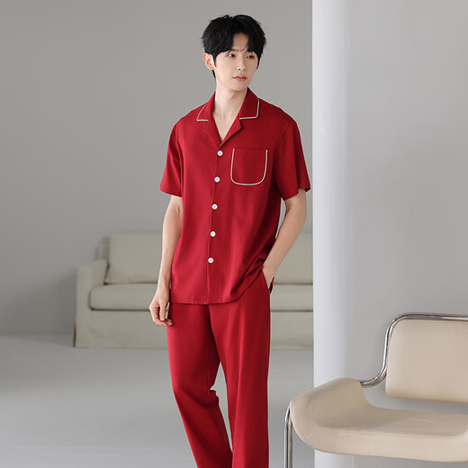 Langsha (Langsha) pareja casada pijamas un hombre y una mujer verano delgada algodón puro puro algodón rojo festivo festivo ropa de ropa para el hogar 866 + 766 m mujeres + 2xl 2xl para hombres