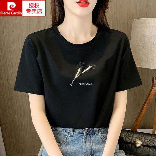 皮尔卡丹（pierre cardin）浅粉色纯棉短袖t恤女士宽松气质减龄印花半袖夏装2025年新款上衣 6195白色 短袖 M (建议80-105斤)