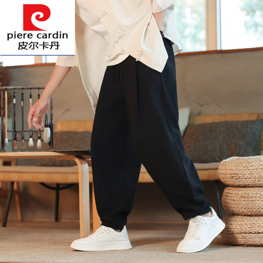 皮尔卡丹（pierre cardin）中国风棉麻男裤子夏季薄款复古2025新款灯笼裤宽松小脚休闲裤针织 黑色 M