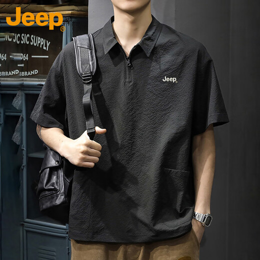 
Jeep (JEEP) short-sleeved T-shirt for men's cool polo shirt for men's trendy brand loose semi-zipper quick-drying top for men's clothing Black XL