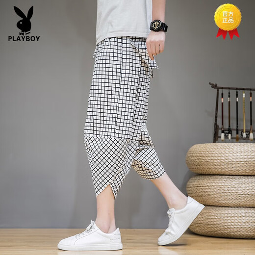 Pantalon de carotte Playboy Pantalon Harem Summer des hommes chinois Plaid Retro Casual Shorts à sept points Blooders Thin White + White T-shirt M 90 à 115 Jin [Jin est égal à 0,5 kg]