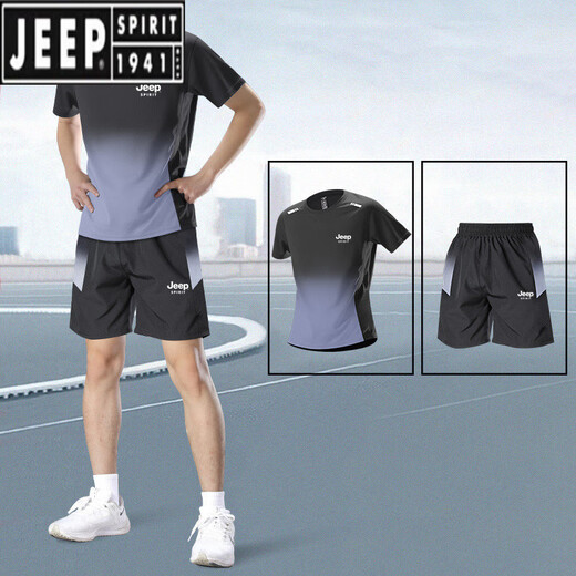 
JEEP SPIRIT Sports Ice Silk Set Men's 2025 Summer New Short Sleeve T-Shirt Running Fitness Basketball Quick Dry Sportswear Men 9901 Black and Red Set M