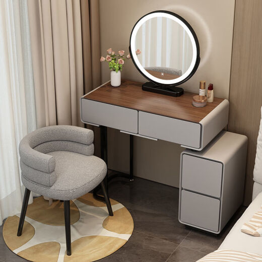 Tangshan (TANGSHAN) Tangshan cream style dressing table bedroom modern simple small apartment makeup table bedside storage chest cabinet desk mirror gray-walnut desktop (black round mirror) 655mm (60 table + side cabinet) + grid stool