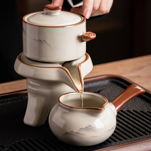 Porcelain brand tea set Guanshan automatic tea set complete set Ru kiln tea infuser complete set home gift Kung Fu tea set drainage tea tray set <Shui Mo Guan Shan> automatic tea set eight cups + tea tray