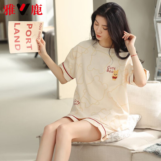El pijama de verano de alta gama de Yalu para mujeres en el verano, los pantalones cortos de algodón puro para mujeres se pueden usar fuera del nuevo juego de ropa para el hogar de algodón de año nuevo 9854 marca pura algodón M 80-100Jin [Jin iguala 0.5 kg]
