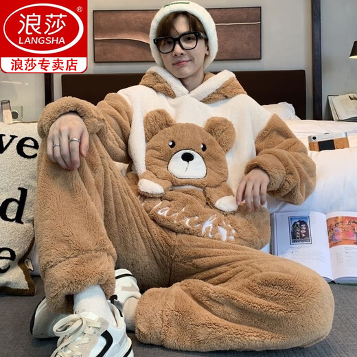 浪莎（langsha）男士睡衣男珊瑚绒冬季学生卡通宽松冬天法兰绒加厚加绒家居服套装 *ZS*9903【双面长毛绒套装】 M 小号(75-95斤)