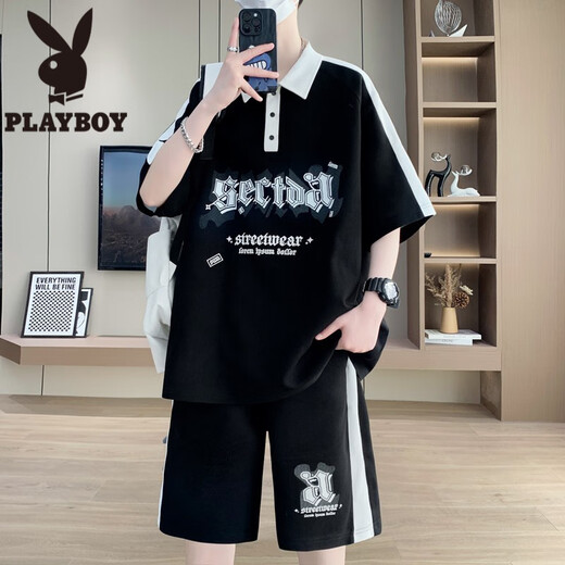 花花公子（PLAYBOY）青少年短袖t恤男孩夏季12-15岁初中高中学生polo衫13帅气大童套装 NZJ-6629黑色(短袖+短裤) M 75至105斤