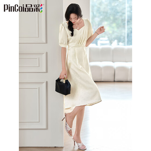 
PinCai Dress for women, gentle girls first love skirt, light luxury pearl chain dress, slim short-sleeved dress P52Q063