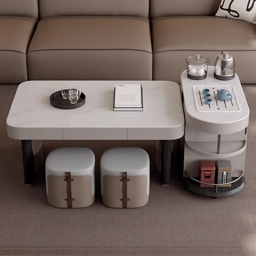 Yijing style multifunctional microcrystalline stone retractable kungfu coffee table modern living room household high-end kettle integrated tea table multifunctional kungfu coffee table with socket comes with kettle + purified water bucket + waste water bucket + 2 stools