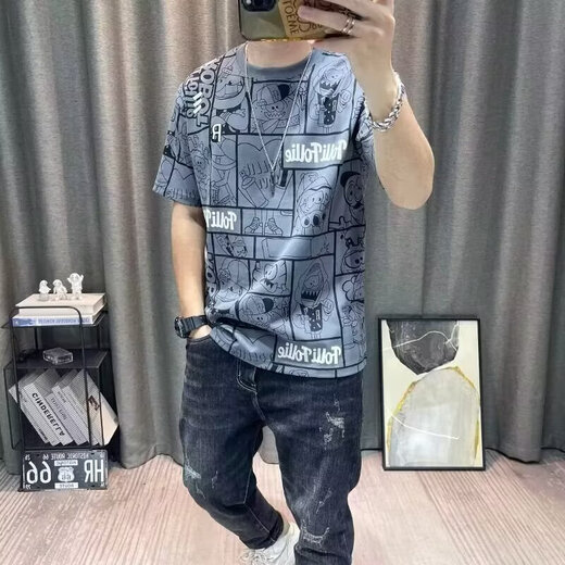 
Xuji Ice Silk Short Sleeve T-shirt Men's 2025 Summer New Printed T-shirt Slim Half-sleeved Ice Sexy Men's Sweatshirt 846 Blue M