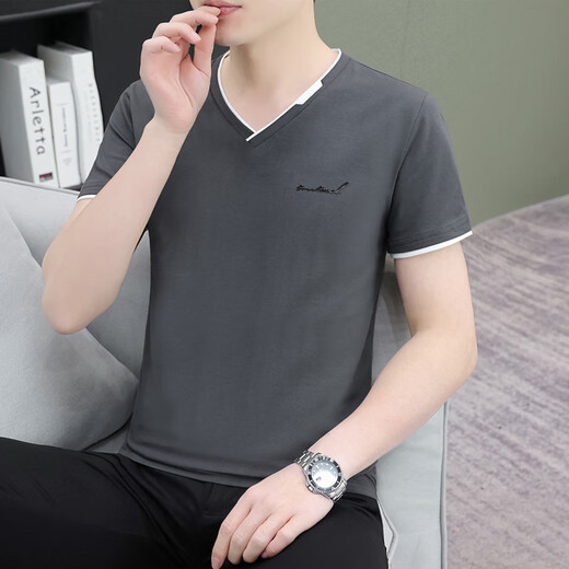七匹狼（septwolves）夏季纯棉男士短袖恤领薄款修身青年潮流半截袖男休闲鸡心领体恤 蓝灰色 QY694 4XL 【170-190斤】