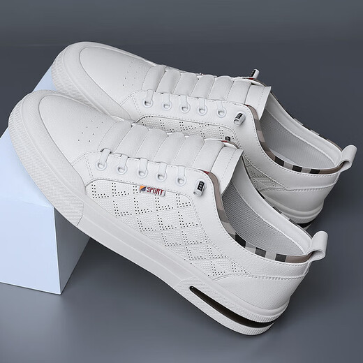 Spider King Fang Ship Store Flagge Herrenschuhe echte Leder mit atmungsaktivem Brettschuhen weicher Sohle vielseitig kleine weiße Schuhe Innerer Erhöhung Mode lässige Schuhe 6628 Weiß 37