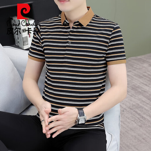 Pier Cardin Light Luxury Polo Shirt Herren kurzärmelig T-Shirt 2025 Neues Sommer-Revers Streifen Daddy Anzug T-Shirt Männer Qy756 Black Cafe l Vorschlagen 120-135Jin [Jin gleich 0,5 kg]