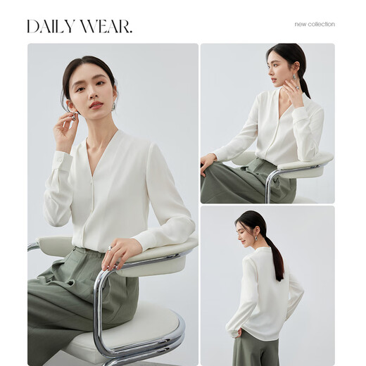 Shandubila chiffon shirt for women, spring and autumn temperament commuting V-neck shirt, slim loose long-sleeved top, off-white M