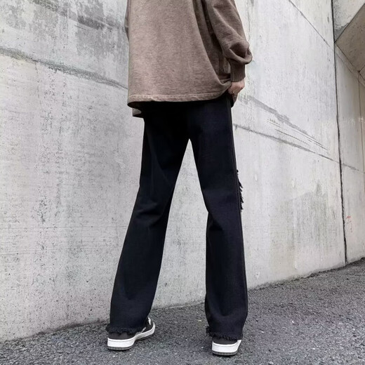 美式复古高街潮牌vibe牛仔裤男女春夏季破洞裤宽松直筒长裤子男 DFFS-723黑色 M