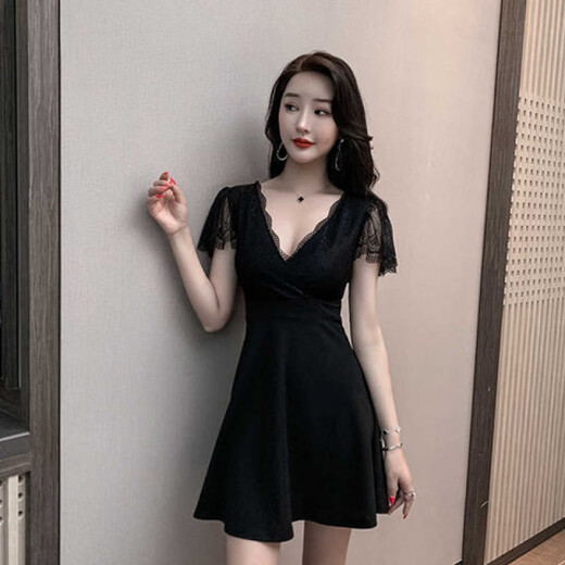 Yi Jingxuan (YIJINGXUAN) 2025 nightclub dress temperament short skirt low-cut V-neck covering belly slimming work clothes store sexy lace splicing black L 100-110Jin [Jin equals 0.5 kg]
