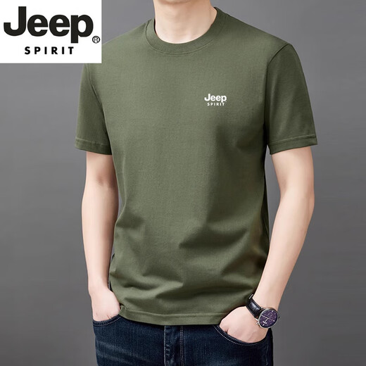 JEEP SPIRIT high-end short-sleeved T-shirt for men 2025 summer pure cotton round neck loose casual half-sleeved T-shirt for men YS9929 military green M 105[90-110Jin[Jin equals 0.5 kg]]