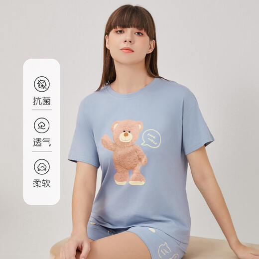 Ich liebe es, reine Baumwollpyjamas für Frauen mit kurzärärmernem Anzug für Sommer dünne, atmungsaktive runde Nacken-Cartoon süßes lässig und kann außerhalb von Heimkleidung getragen werden 9856-Shorts L.