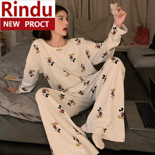 Rindu2025 neuer langärmeliger Pyjama für Frauen im Frühling und Herbst Großgröße süßer studentischer Cartoon Rundes Hals kann außerhalb von Heimkleidung getragen werden 16818# Wave Dog M.
