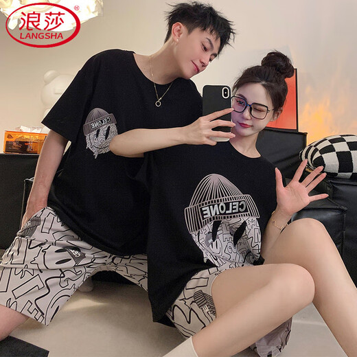 Langsha Pareja Pajamas Summer 2025 Nuevo caricatura de pantalones cortos de algodón puro de algodón suelto y se puede usar en el juego de dos piezas externo de ropa casera AQT693 L Hombres [90-120Jin [Jin equivale a 0.5 kg]]]