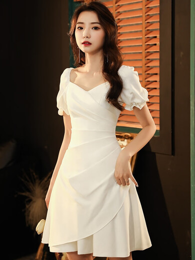 婉览领证登记白色小晚礼服平时可穿小个子宴会气质法式订婚连衣裙夏季 952  白色 S
