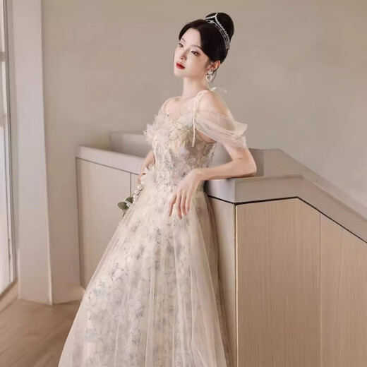 法式晚礼服裙女新款时尚洋气气质吊带宴会主持人感成人礼 图片色长款 XS