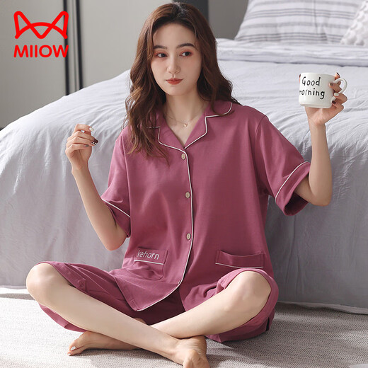 猫人（MiiOW）睡衣女夏季短袖七分裤开衫棉质翻领宽松大码休闲家居服套装可外穿 NX9871 M 女