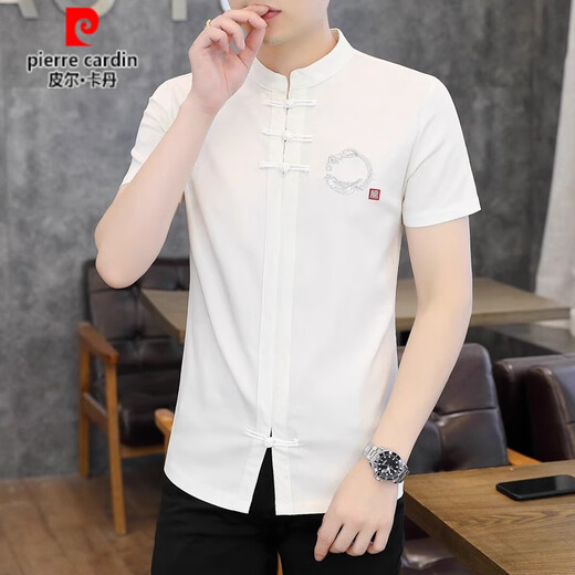 皮尔卡丹（pierre cardin）夏季唐装男短袖t恤中国风盘扣衬衫汉服宽松大码汉服仿棉麻民族风 黑色9871盘扣短袖 L