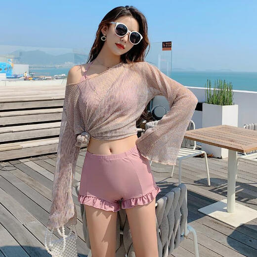 NJSKAKW泳衣女韩国ins性感分体平角比基尼三件套长袖舒适仙女范学生泳装 9717白加黑 S