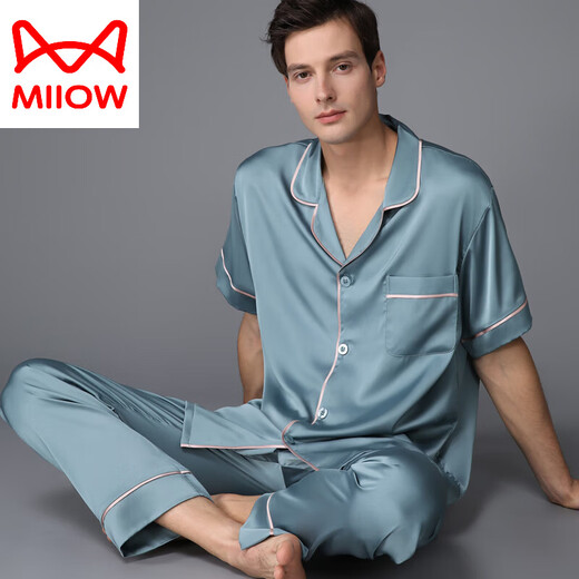 猫人（MiiOW）睡衣男夏季真丝薄款短袖长裤春秋家居服丝绸感欧美2025新款 松绿色 3899 L (体重100-130斤)