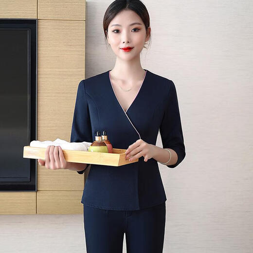 伊蜜魅产康师育婴师工作服高档美容院养生馆SPA会所月子中心制服套装 藏 单上衣藏青6296 S建议80-90斤 均码