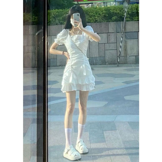 FHHUABD网红小白裙女夏季小个子清纯显瘦收腰可甜初恋系白色泡泡袖连衣裙 698#【白色 长款】 M  建议90-100斤