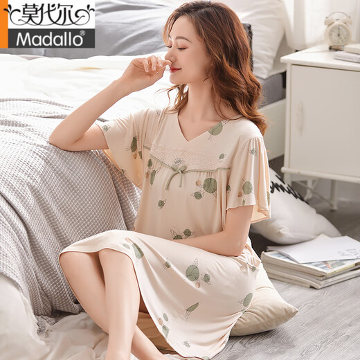 莫代尔睡裙女夏季薄款短袖大码中年妈妈睡衣夏天V领长款居家裙子 Q3527 M