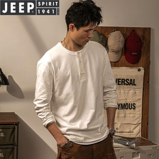 JEEP SPIRIT light luxury Jin Jin is equal to 0.5 kg. Large size men's American retro Henley shirt Henley collar long-sleeved T-shirt men's solid color bottoming shirt 100 tops. Coffee M. Recommended 100 Jin Jin is equal to 0.5 kg.