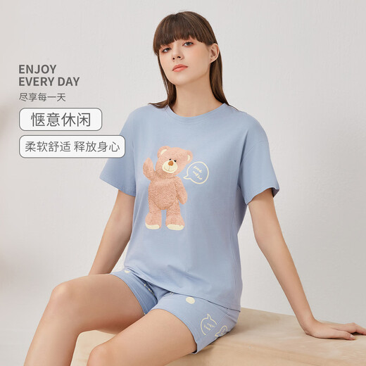 Ich liebe es, reine Baumwollpyjamas für Frauen mit kurzärärmernem Anzug für Sommer dünne, atmungsaktive runde Nacken-Cartoon süßes lässig und kann außerhalb von Heimkleidung getragen werden 9856-Shorts L.
