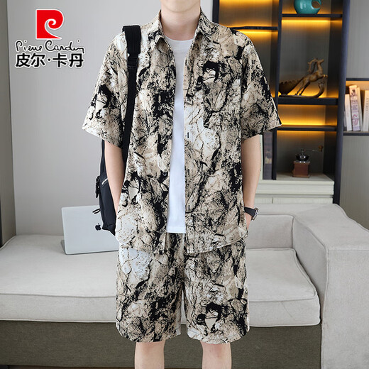 Pierre Cardin (Pierre Cardin) Shirt élégant, un ensemble de costumes de soie de glace d'été pour hommes, une chemise de fleurs, des manches courtes, des shorts, une plage en deux pièces correspondant 679 costume blanc m 110jin [Jin est égal à 0,5 kg]